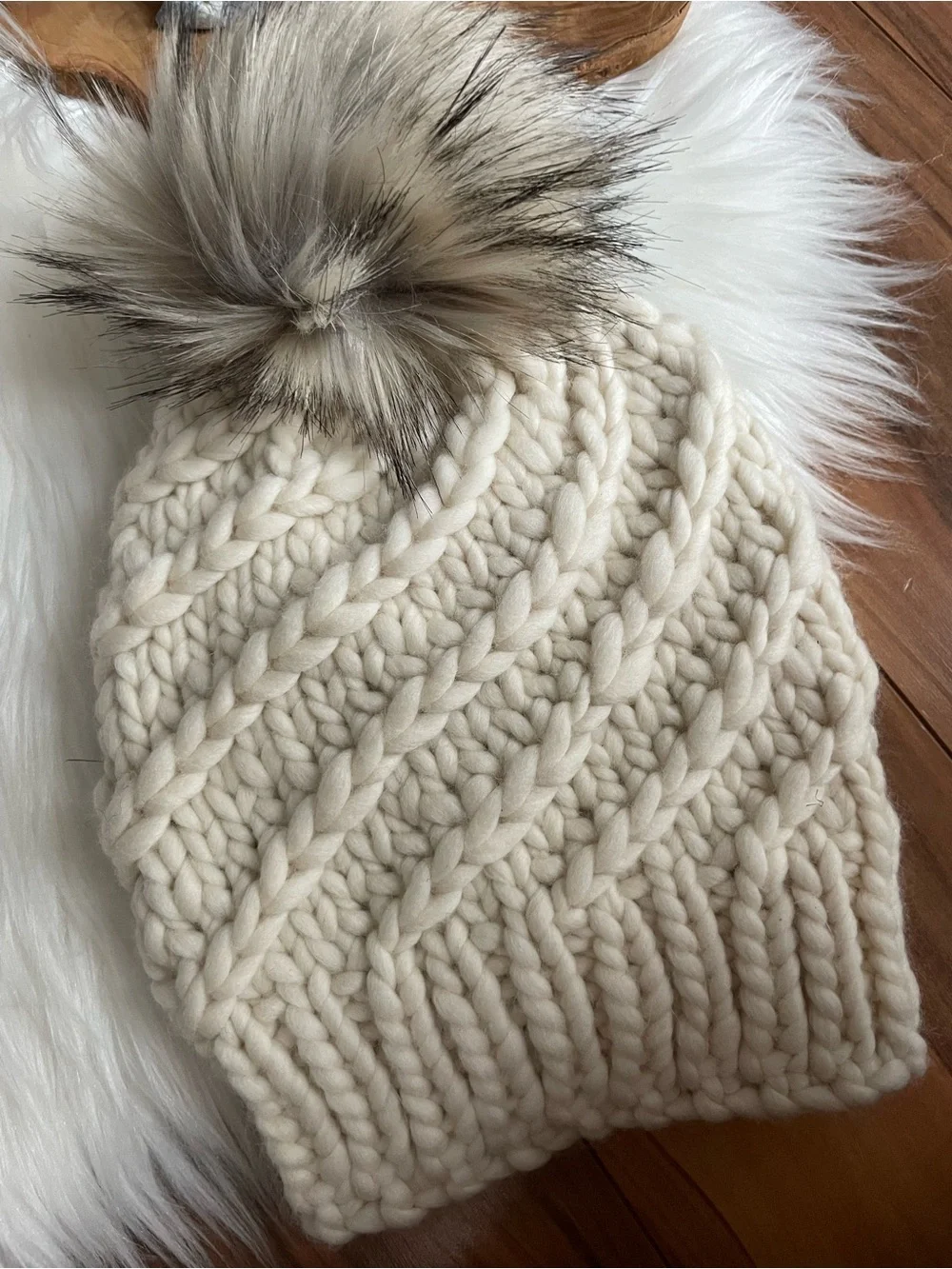 New Hand knitted luxury Pom Beanie - Cream Malabrigo wool super soft women’s S/M